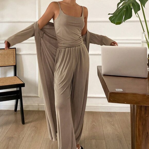 Khaki Casual Women's Camisole Top, Coat and Pants Lounge Wear Set - Picture 4 of 5